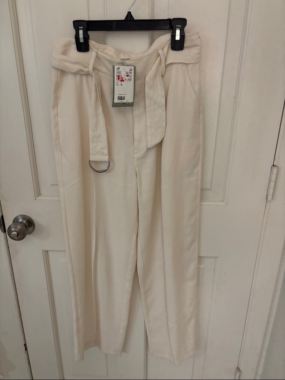 H&M Cream Paperbag Waist Wide-Leg Trousers with Self-Tie Belt